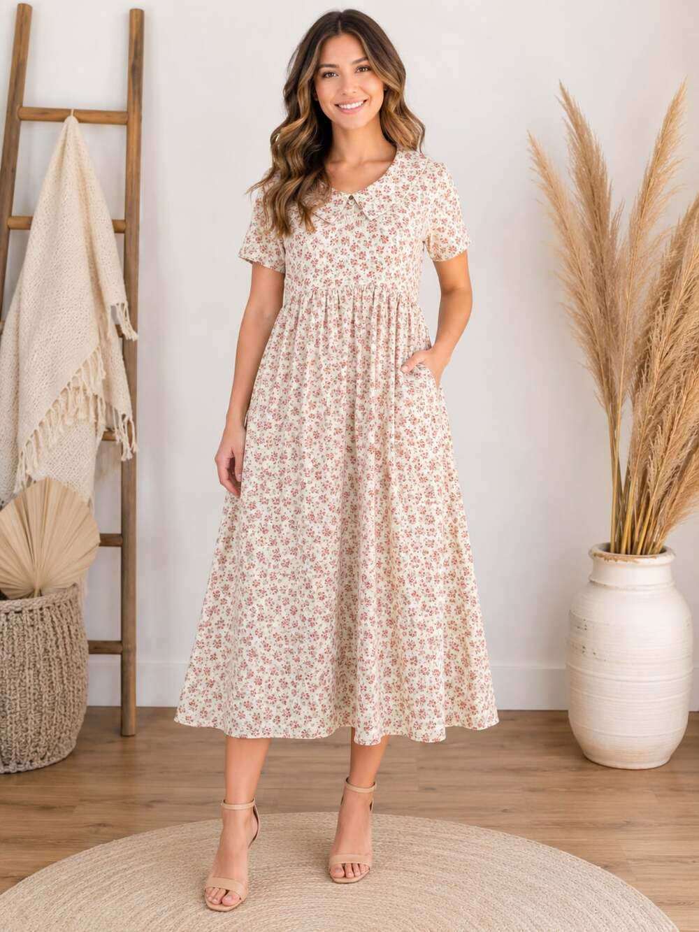 Vintage Rabbit Designs Floral Peter Pan Collar Midi Dress Girls Size 5/6 Cottage